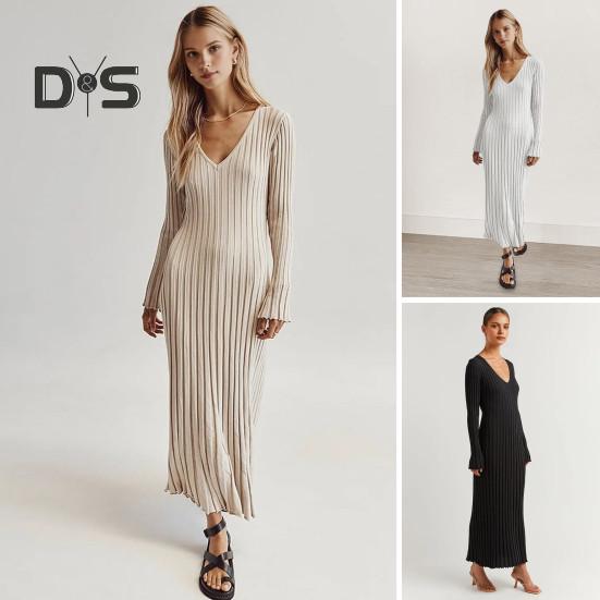 Fall Winter Women Dress V Neck Threa Loose Long Sleeves Solid Color Knitted Slim Waist Maxi Dress Stretchy Casual Dating Commuting Dress