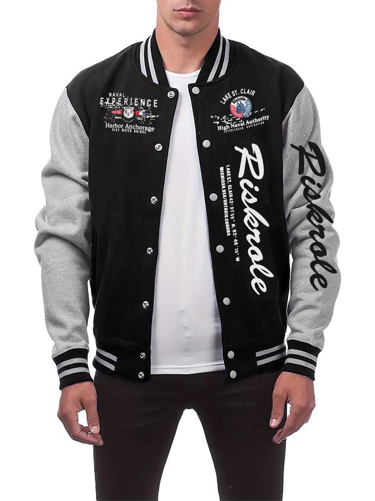 Men's Stand Collar Letter Print Baseball Cardigan Jacket