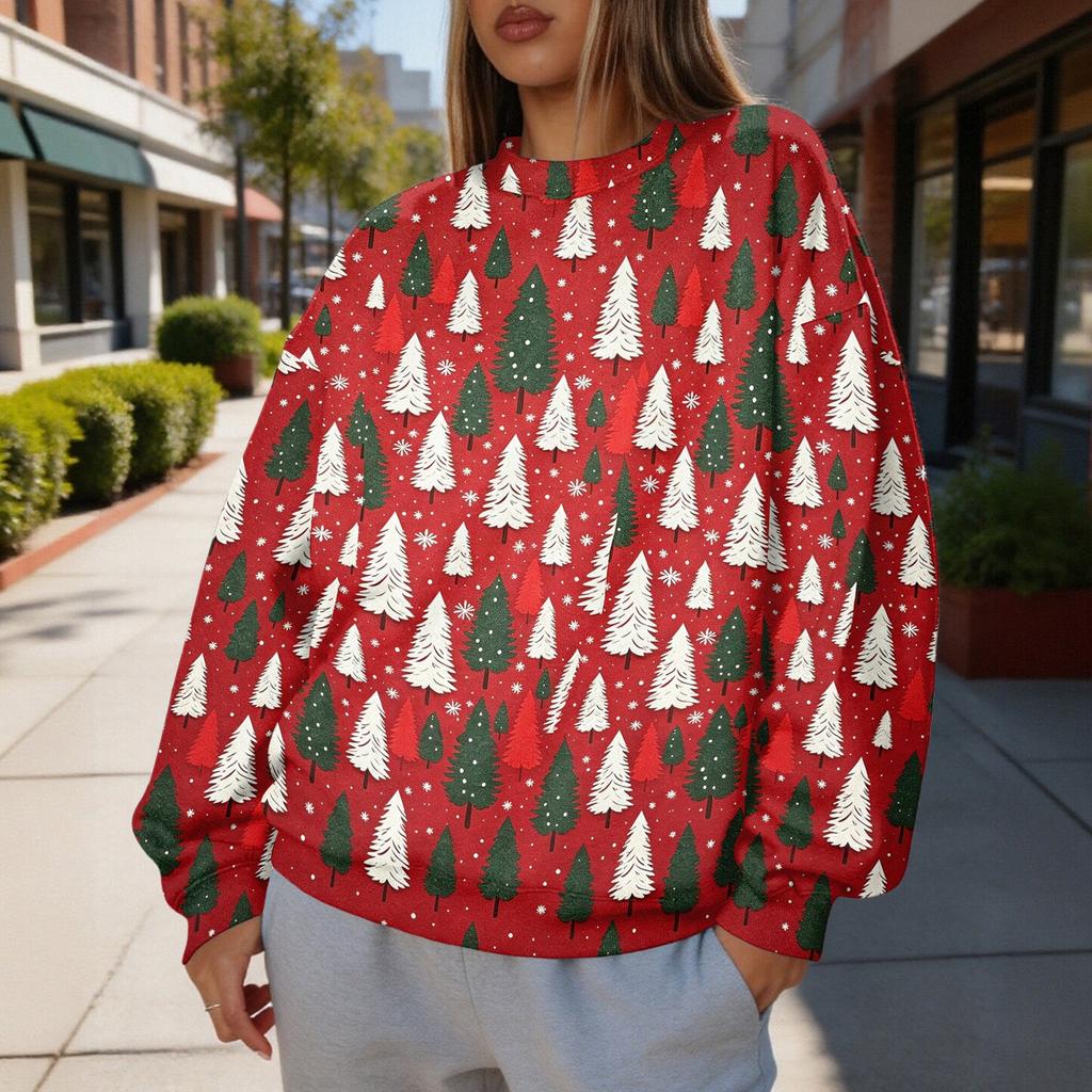 Women's Trendy Christmas Print Crewneck Sweatshirt Lightweight Casual Pullover Top