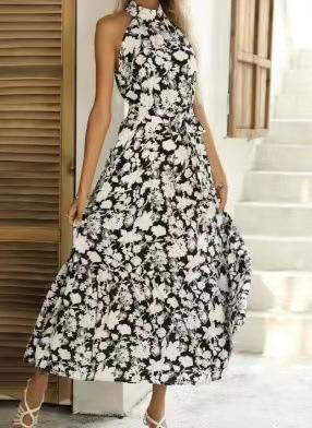 Women's long dress popular new neck polka dot printing lace-up dress
