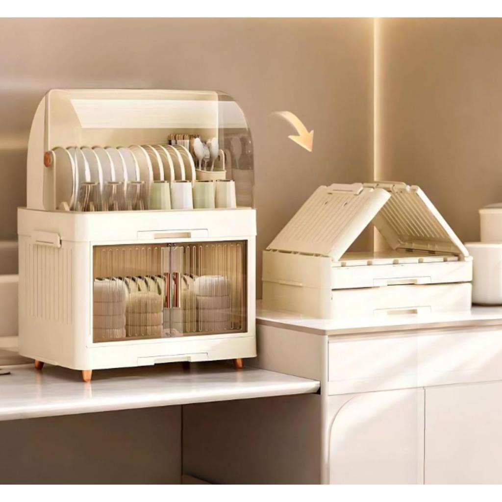 Mearrineser Kitchen Dish Storage Rack, Double Dish Cabinet with Lid, Dustproof, Large Capacity, Dish Drainer, Cutlery Organizer (2 Tiers, White)