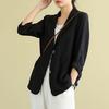 Women Vintage Casual Blazer Jacket Cotton Linen Coat Long Sleeve Lapel Thin Coat with Pockets 2 Buttons