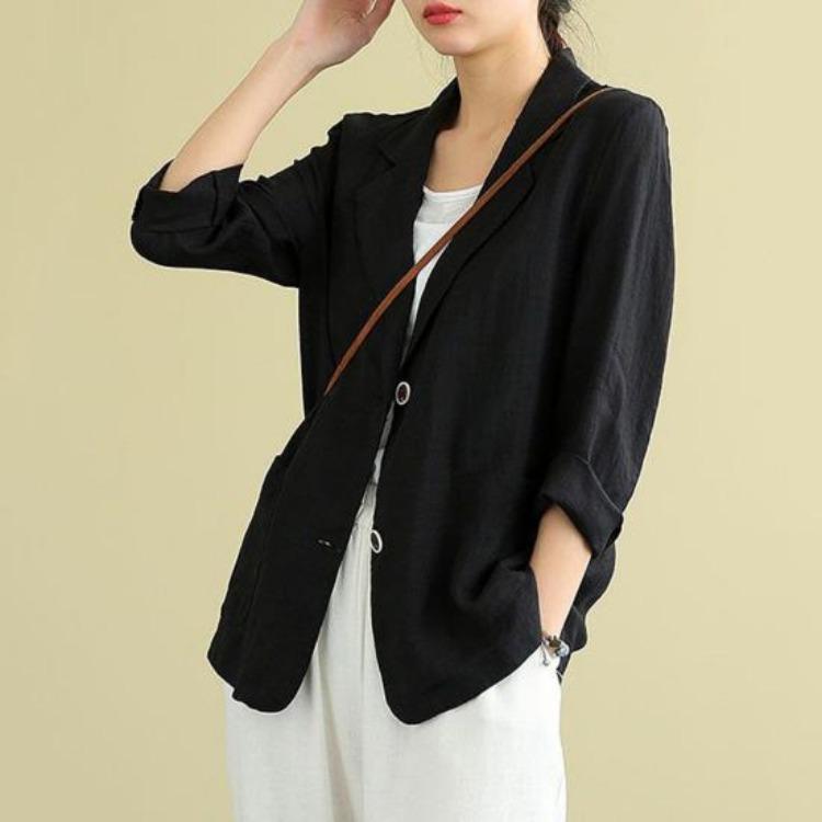 Women Vintage Casual Blazer Jacket Cotton Linen Coat Long Sleeve Lapel Thin Coat with Pockets 2 Buttons