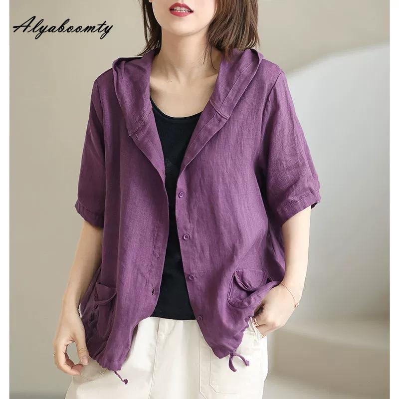 Korean Fashion Summer Women Oversized Cardigan Hooded Coffee Purple Cotton Linen Casual Loose Blouse Plus Size Vintage Ladies Thin Coat