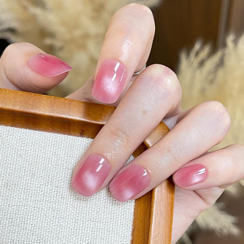 24PCS Pure Cat Eye False Nails with Glue Sweet Simple Short Square Fake Nail for Spice Girls Ins Style Acrylic Wearable Press On