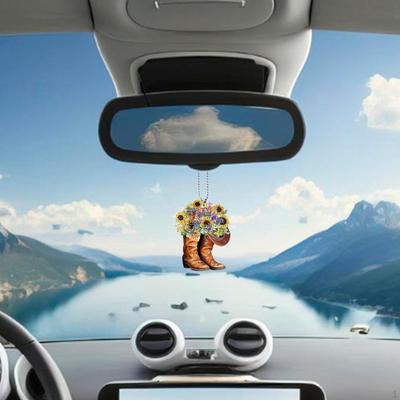 Cowboy Floral Hat Boots Pendant Car Rearview Mirror Interior Accessories Decor Universal
