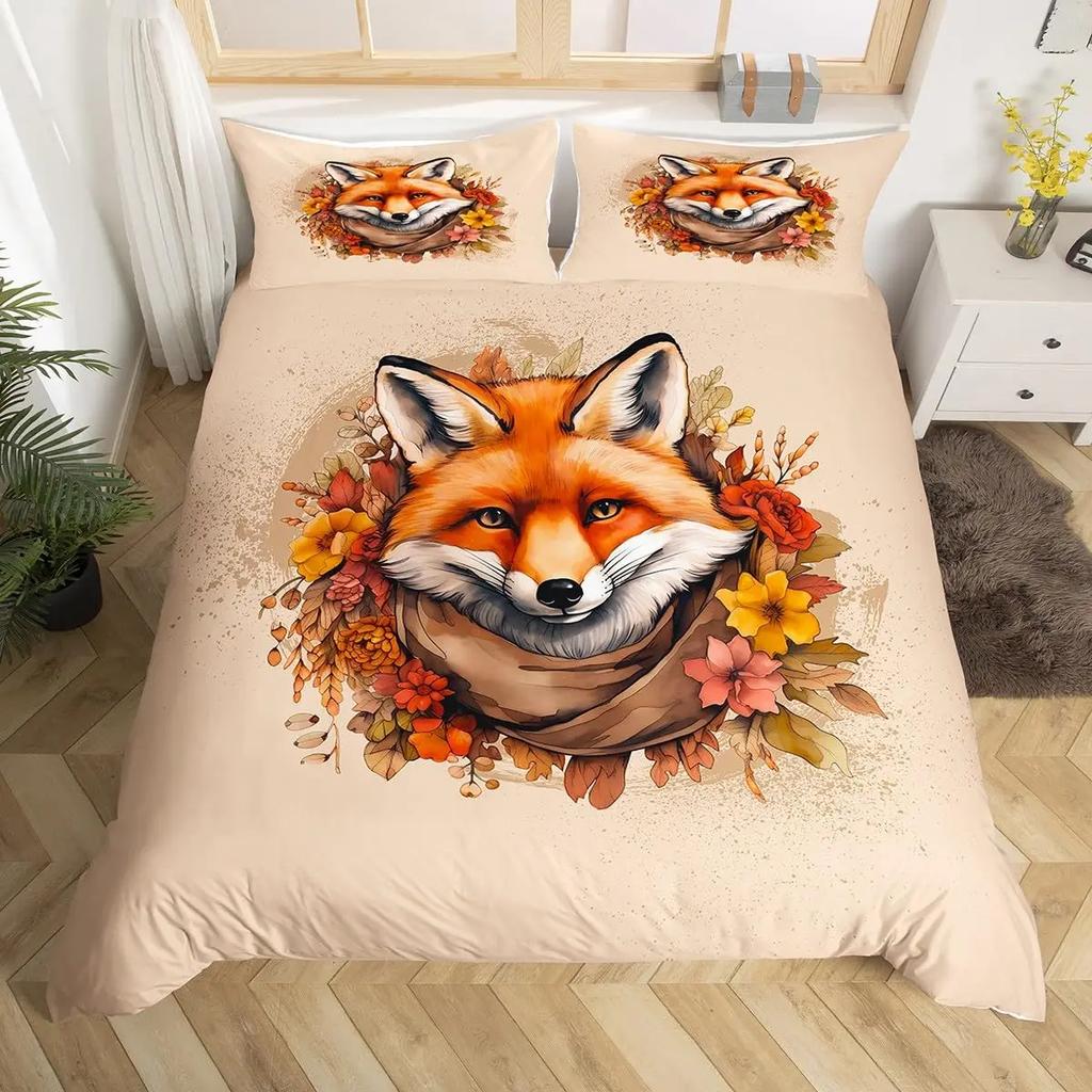 Kids Cartoon Fox Duvet Cover King Queen Orange Animal Bedding Set Girls Teens Bedroom Decor Comforter Cover with 2 Pillow Case