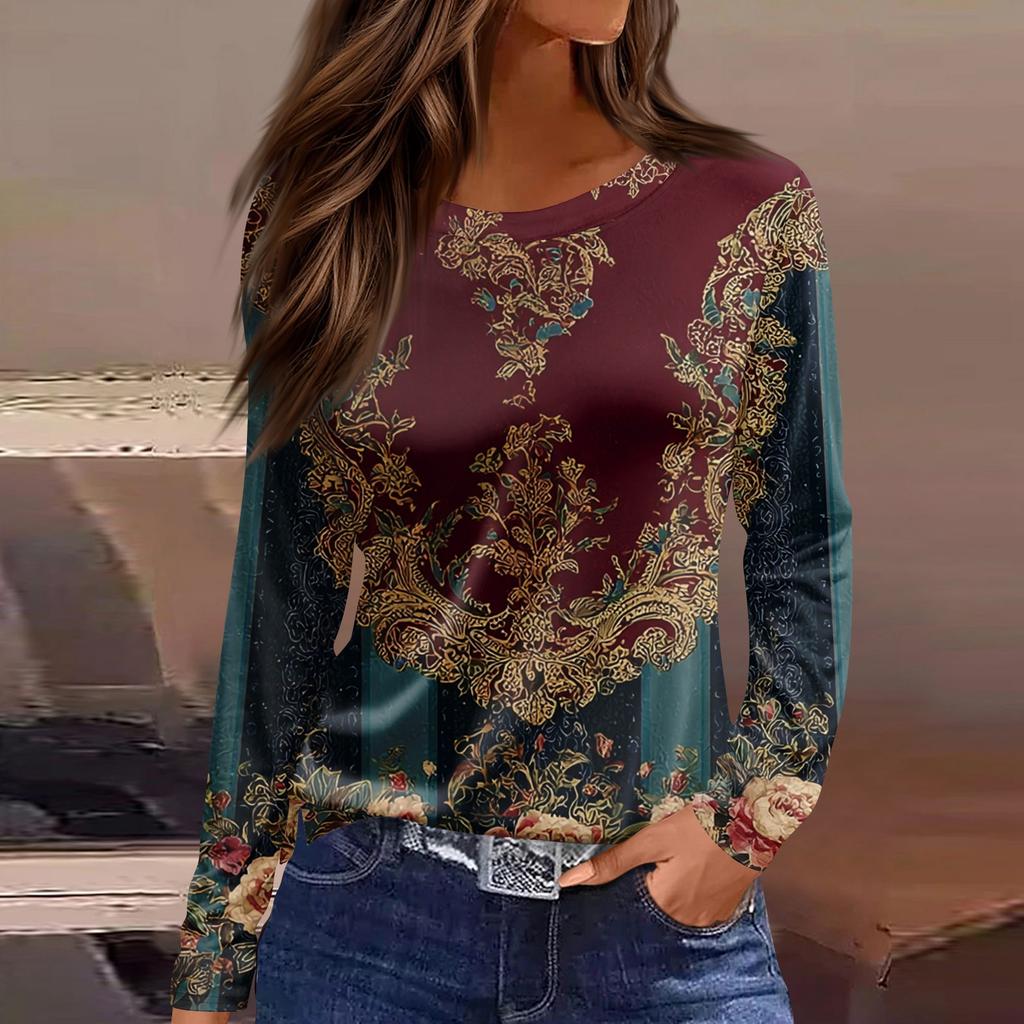 Women's Fashion Casual Slit Hem Round Neck Long Sleeve Loose Printed T-Shirt Ladies Top