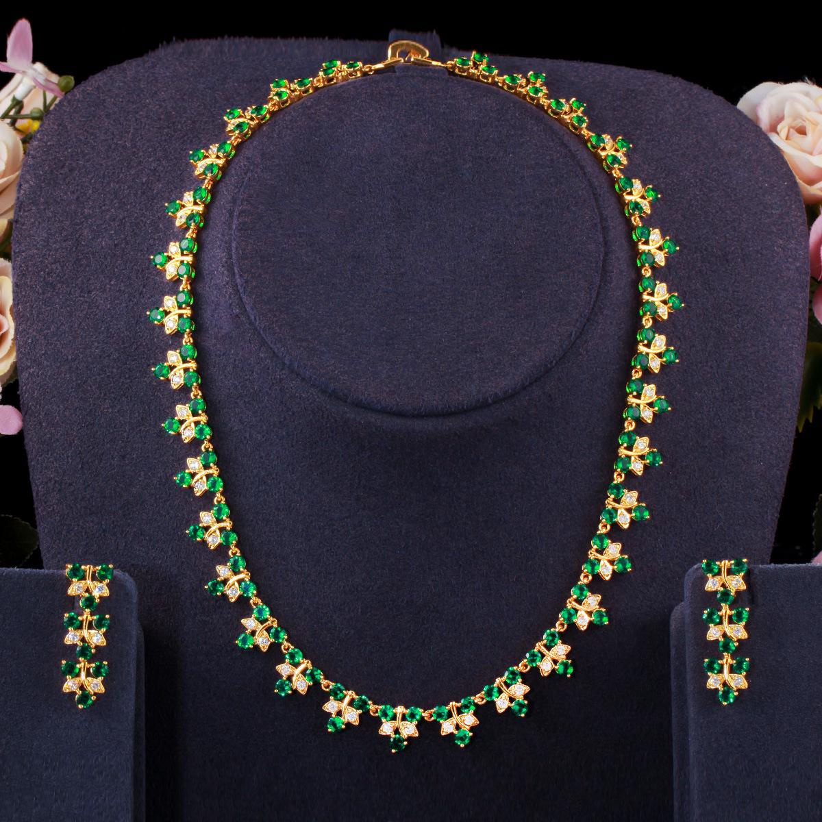 

Комплект украшений для невесты на свадьбу, с цирконом в форме листа, с золотым покрытием, из двух частей, для банкета зелёный