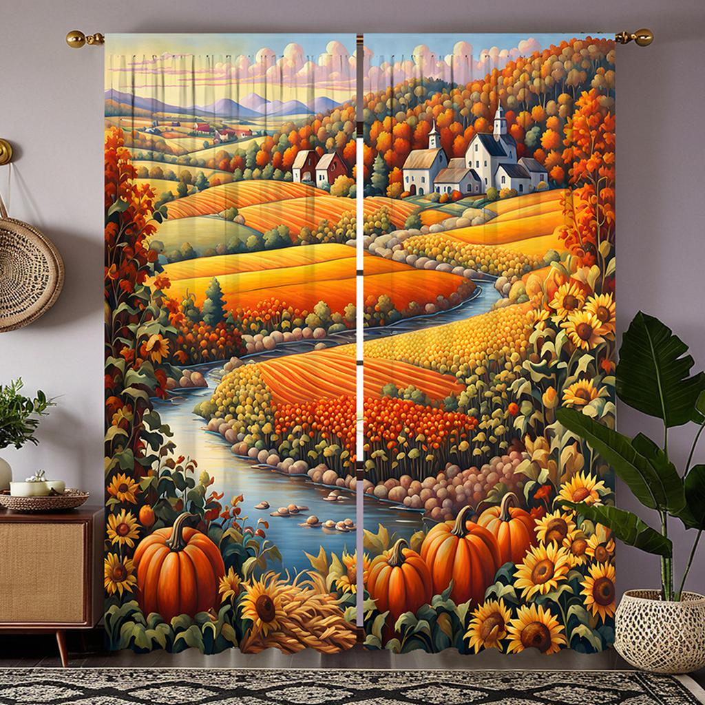 2 Pieces of HD Gold Country Field View Decorative Curtain Yellow Digital Printed Curtain Home Decoration Style Decoration Living