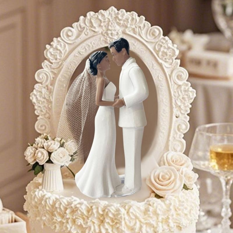 Plastic Bride Groom Cake Toppers With Realistic Tuxedo Veil Detail Wedding Cake Decoration For Formal Event Setting