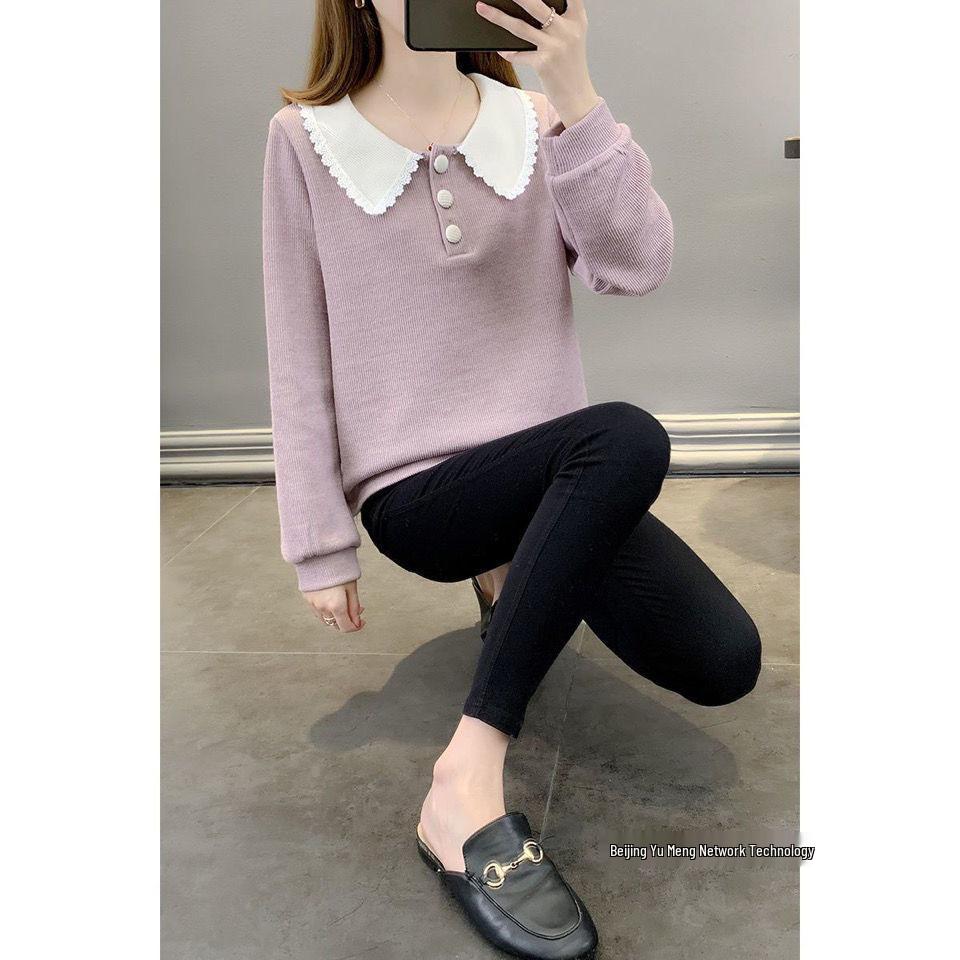 2025 Spring Women's Korean Style Lace Trim Peter Pan Collar Long Sleeve Sweater