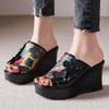Mode 7cm Schweinsleder Echtes Leder Damen Peeptoe Pumps Mary Jane Slipper Flats Sommer Keilabsatz Plateau Sandalen Modeschuhe