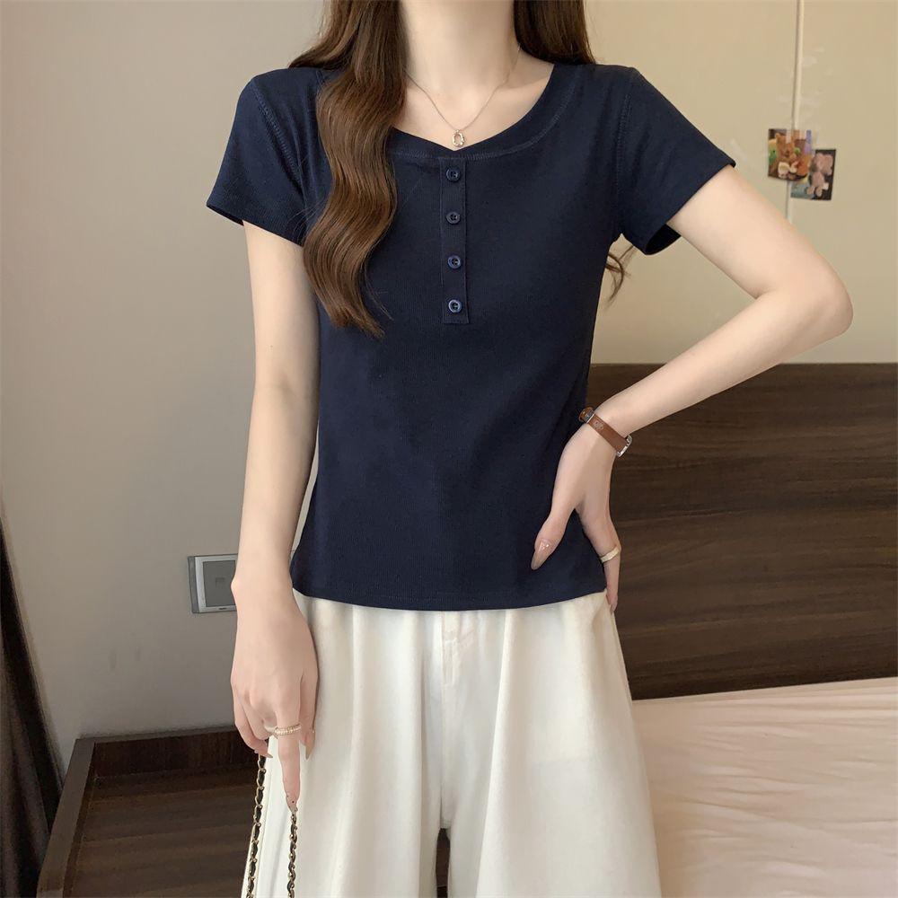 

Korean Minimalist Short Sleeve Button T-Shirt for Women - 2025 Chic Slim Fit Design L сірий колір/білий