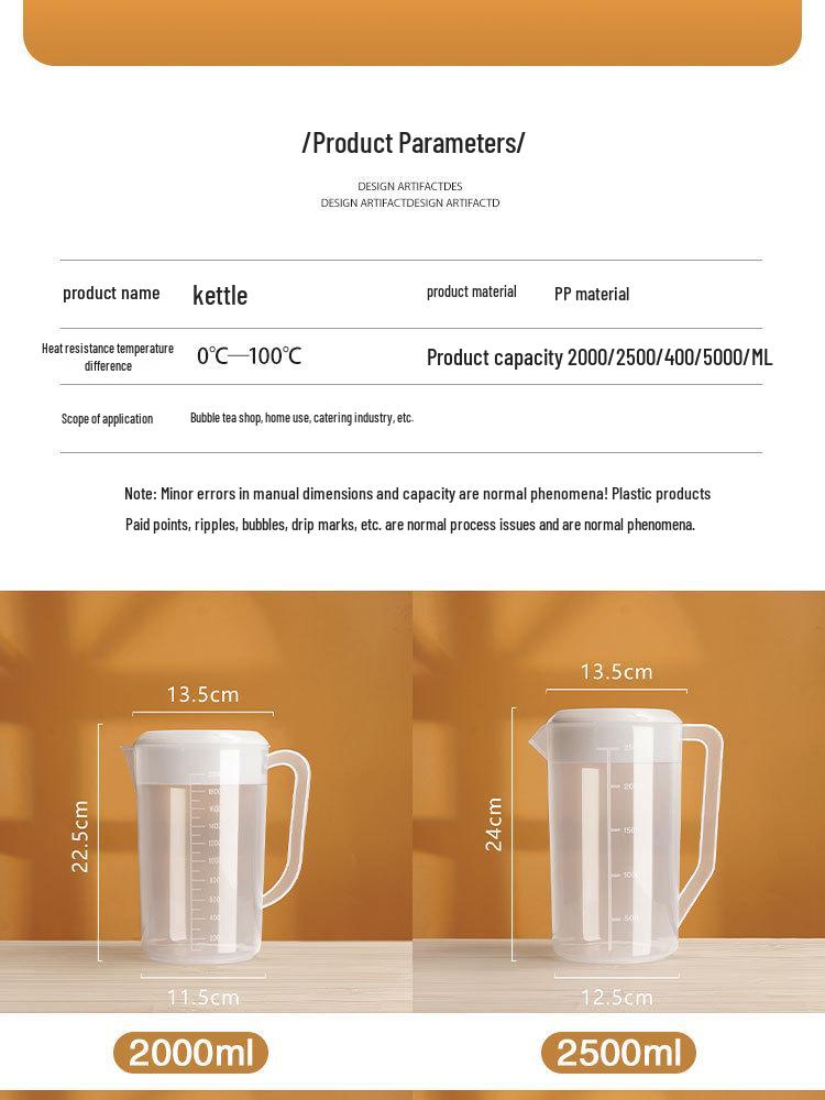 Large Capacity 5L Cold Water Pitcher, High Temperature Resistant, with Measuring Scale – Ideal for Milk Tea Shops and Tea Brewing.