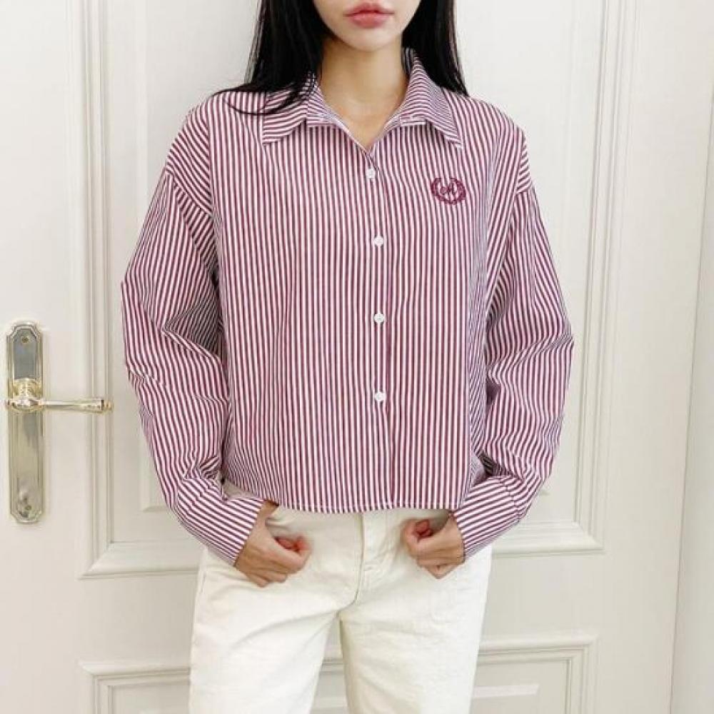 New Arrivals Open Run Women Collar Neck Stripe Embroidery Long Sleeve Shirt