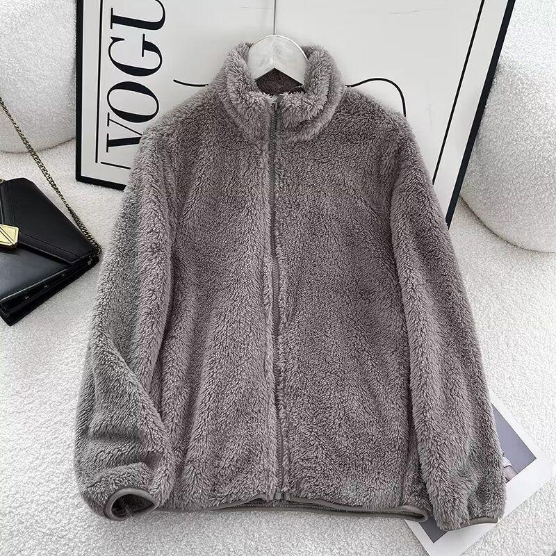 Women's Long Pile Fleece Jacket - Zipper Cardigan, Stand Collar, Warm Long Sleeve Top for Autumn/Winter
