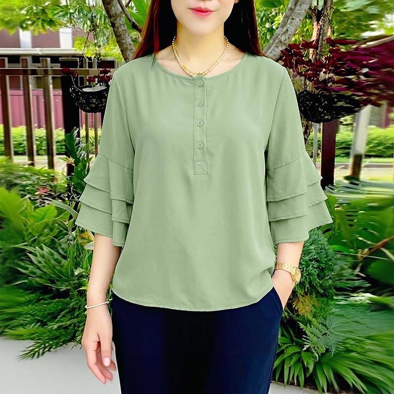 ZANZEA Women Casual Round Neck Solid Color Loose 3/4 Sleeve Blouse