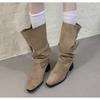 Fashion New Style Fashion Women's High Boots Retro Brown Western Cowhide Boots Gothic Square Toe Wide-leg Women's Long Boots
