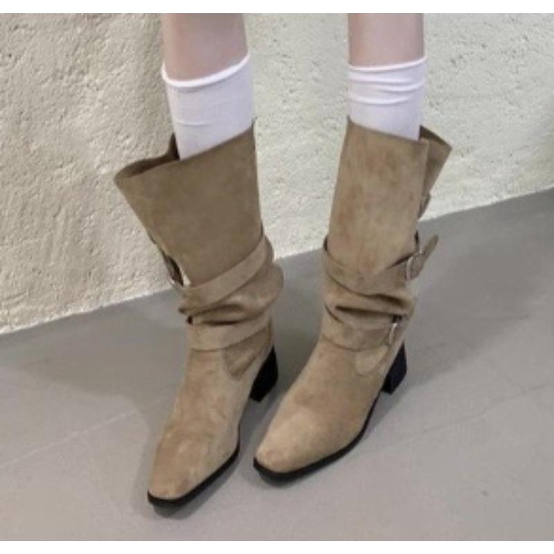 Fashion New Style Fashion Women's High Boots Retro Brown Western Cowhide Boots Gothic Square Toe Wide-leg Women's Long Boots
