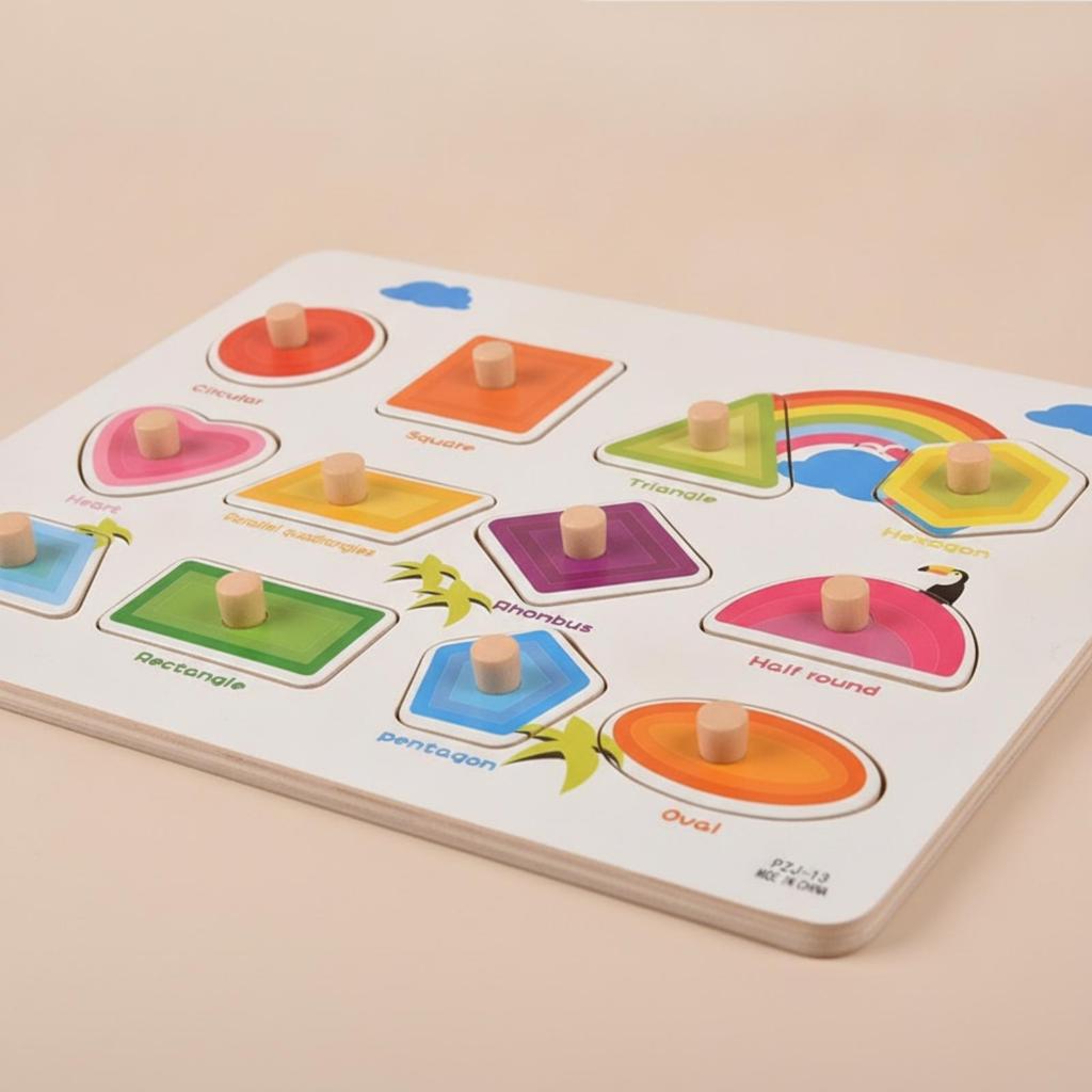ShapeMatching Panel with Knobs Educational Wooden Peg Puzzle EasyGrasp Toy for Young Children,
