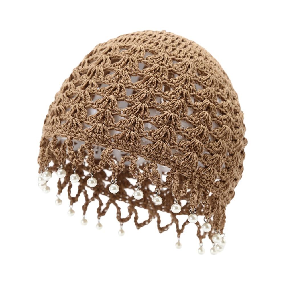 Modische Ausgestanzte Strickmütze Perlenfransen Atmungsaktive Baskenmütze Runde Perlen Gewebte Mütze Für Damen beige