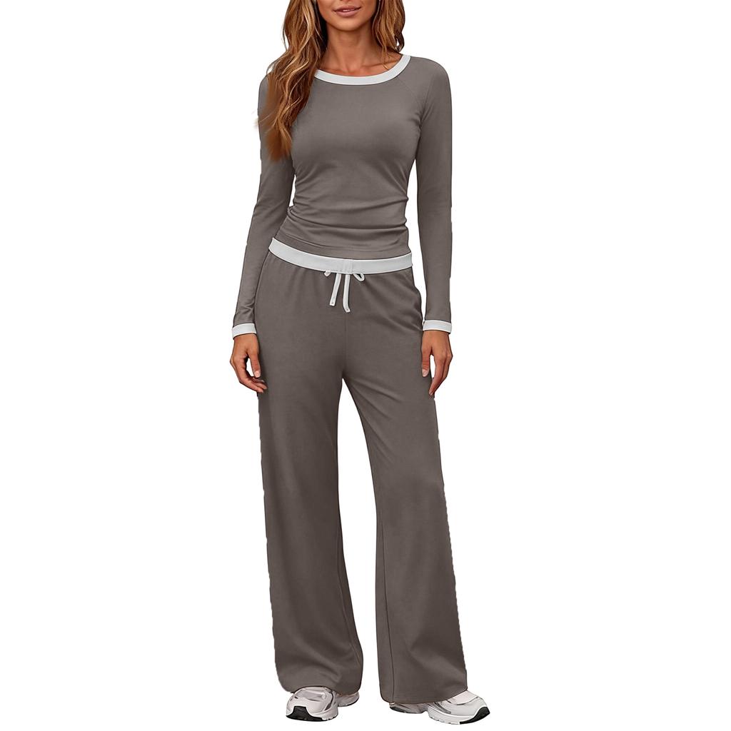 Women's Long-Sleeve Casual Sports Two-Piece Set With Loose Wide-Leg Pants