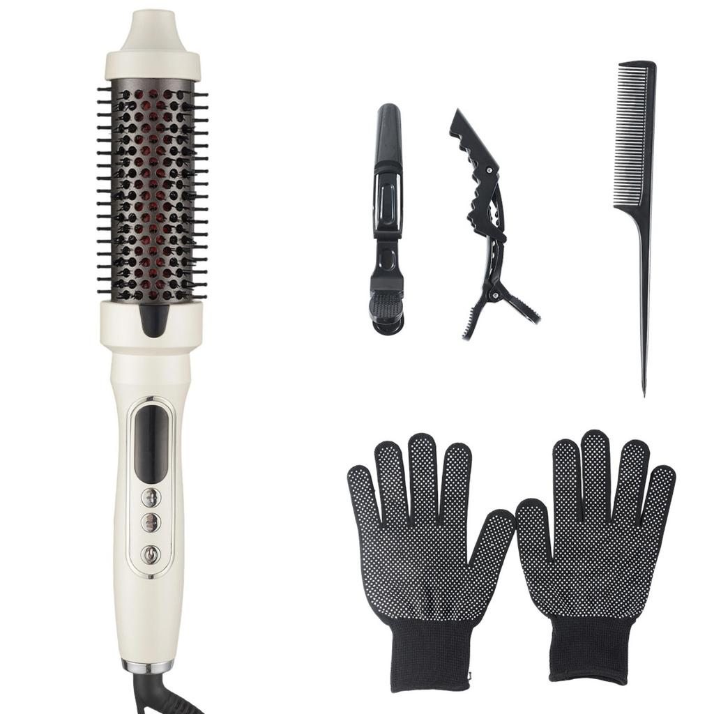 Infrared Ceramic Glaze Electric Hair Brush with LCD Display, Multi-temperature Setting for Bangs Inner Curl Fluffy Hairstyle