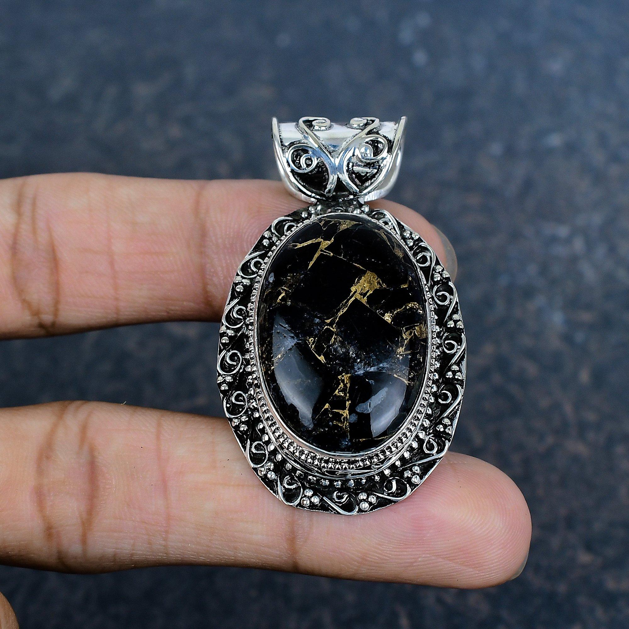 

Медный кулон с черным турмалином ручной работы, кулон из стерлингового серебра 925 пробы, антикварное украшение, подарок для любви 2.04 Inches