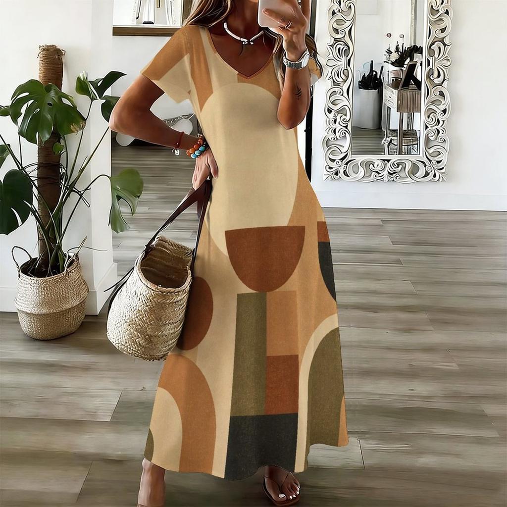 Women Plus Size V Neck Short Sleeve Geometric Printed Straight Long Dress