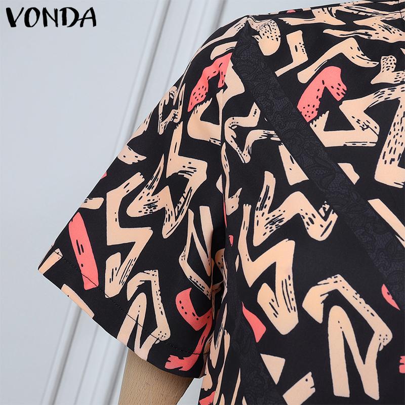 VONDA Summer Women O-Neck Print Back Lace-up Ruffled Hem Long Dresses