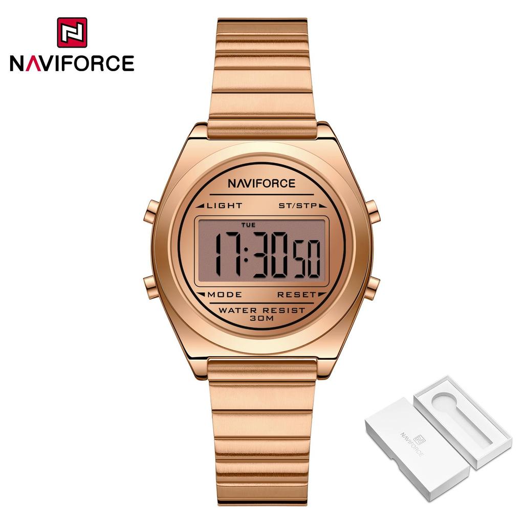 Naviforce Original Women Digital Watch Stainless Steel Strap Waterproof Calendar Chronograph Night Pattern Lady Girl Casual Fashion Watch NF5066