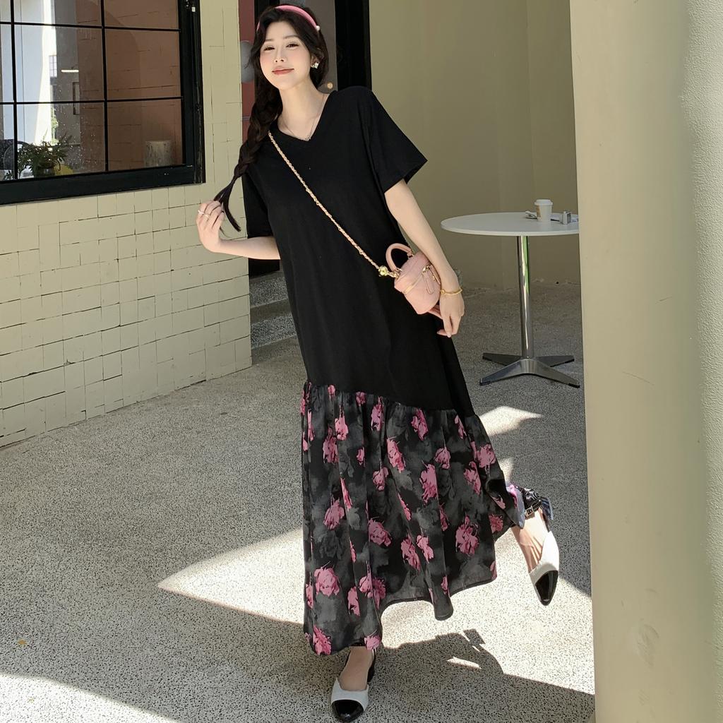 DIMANAF 2025 Women Summer Long Dress Vintage Short Sleeve Shirt Floral Dress Basic Casual Loose Plus Size Dress