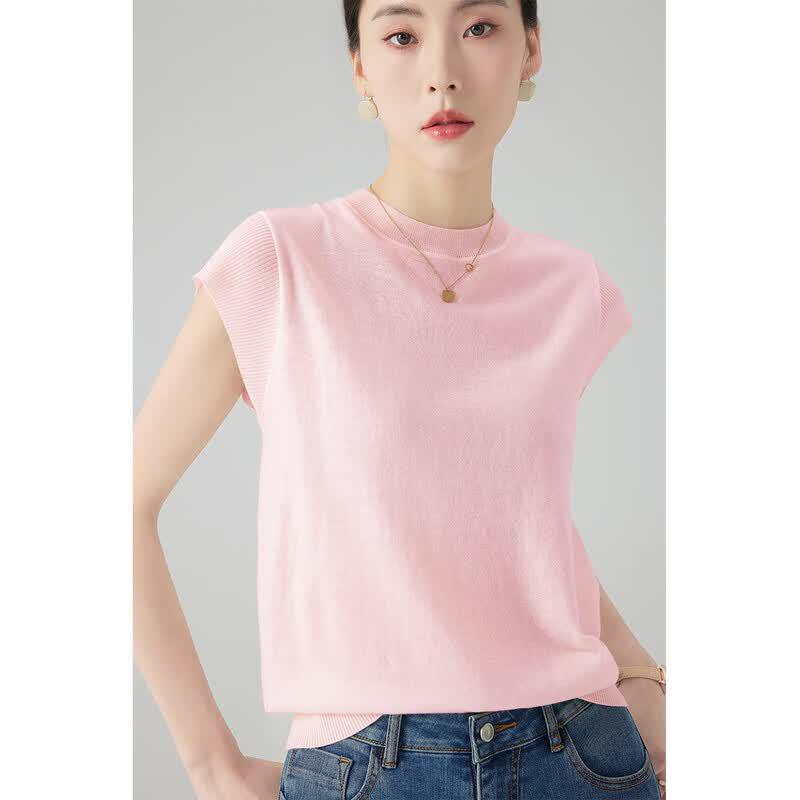 Sanpowa 2026 Summer Fly Sleeve Half-High Collar Knit T-Shirt M