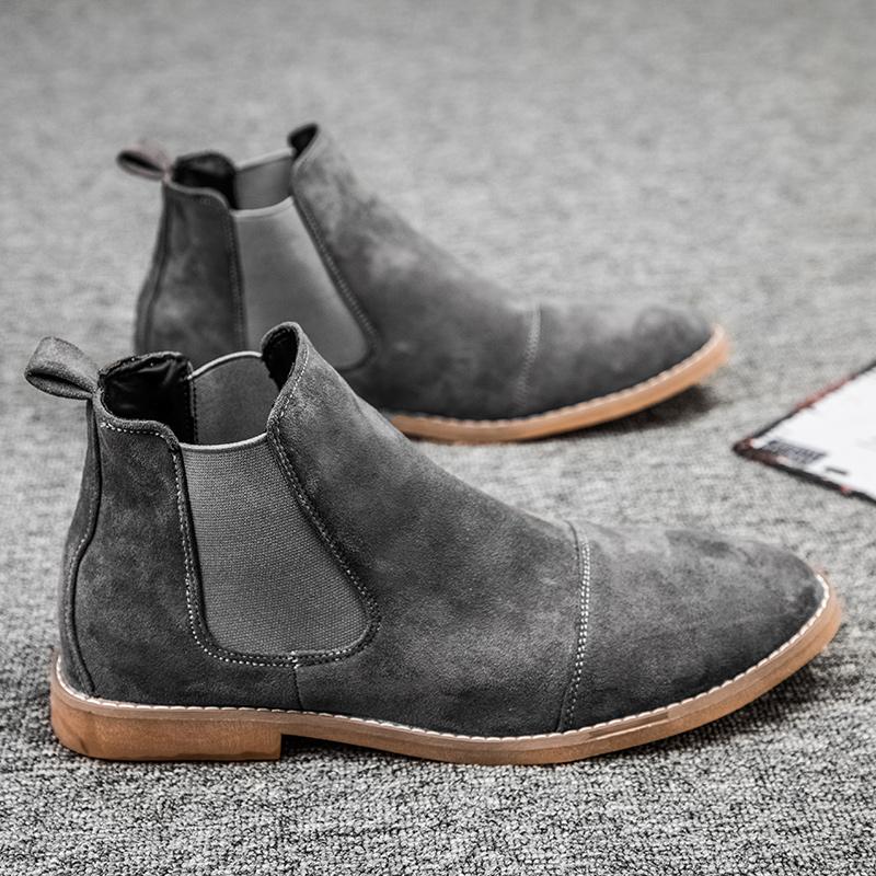Fashion Men's Chelsea Boots British Style Slip On Shoes Comfortable Suede Leather Business Dress Shoes Elastic Strap Ankle Boots