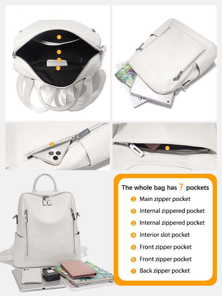 Zency Fashion Genuine Leather Backpack Multi-pocket Design Travel Convertible Shoulder Bag