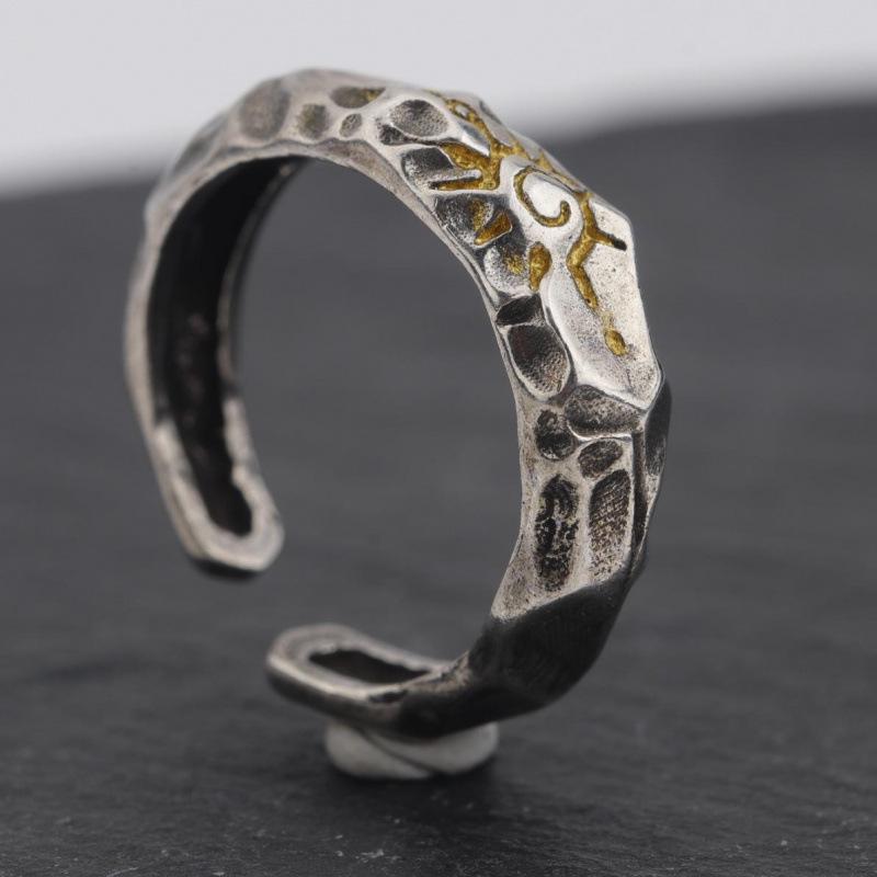 Men's Trendy Retro Wishing Stone Ring: Color Block, Imitation Thai Silver, Adjustable Open Index Finger Ring.