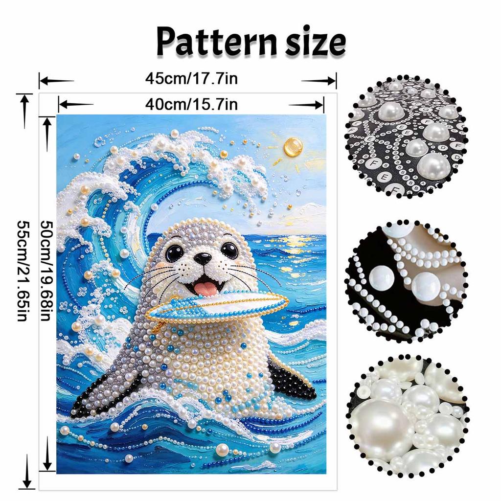 Surfing Seal Pearl Painting Kit with Frame Sparkling Bead Canvas Creative Leisure Craft for Wall Decor Gift DIY Art Project Supplies