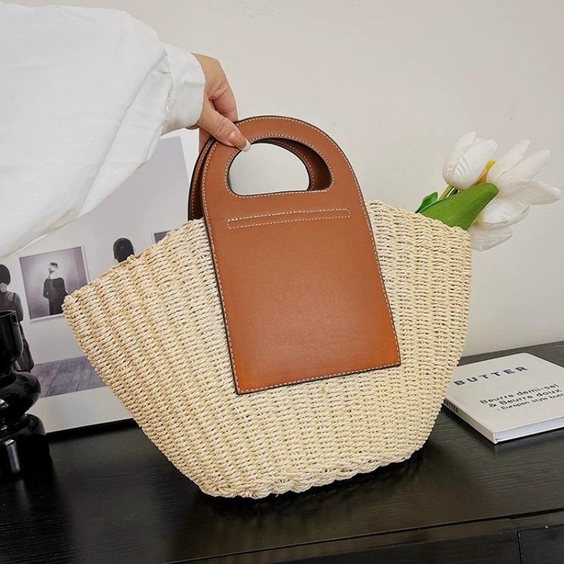 New Block Straw Bag Large Capacity Hand-woven Bag Vegetable Basket Handbag Casual Women's Bag Vacation Beach Bag