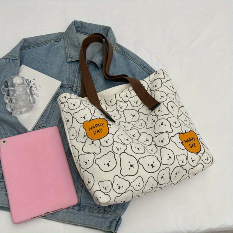 Chic Bear Print Canvas Tote Bag Versatile Handbag Shoulder Bag For Work  Travel  School With Durable Strap Small Crossbody Bag