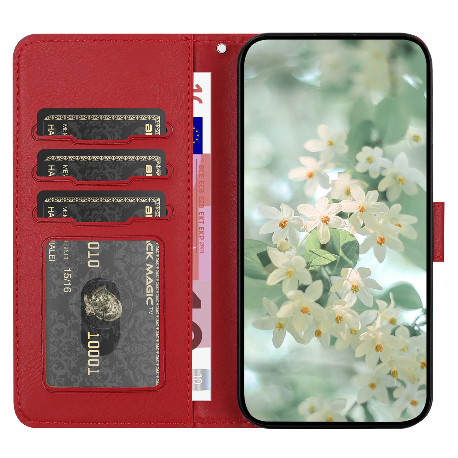 

For iPhone 16 Pro Case Flower Imprint Leather Flip Wallet Phone Cover with Wrist Strap Red