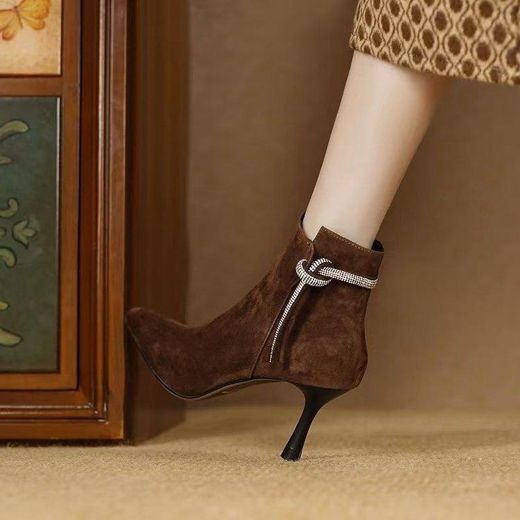 Comfortable high-heeled short boots autumn and winter new thin-heeled pointed thin boots temperament soft leather matte leather boots