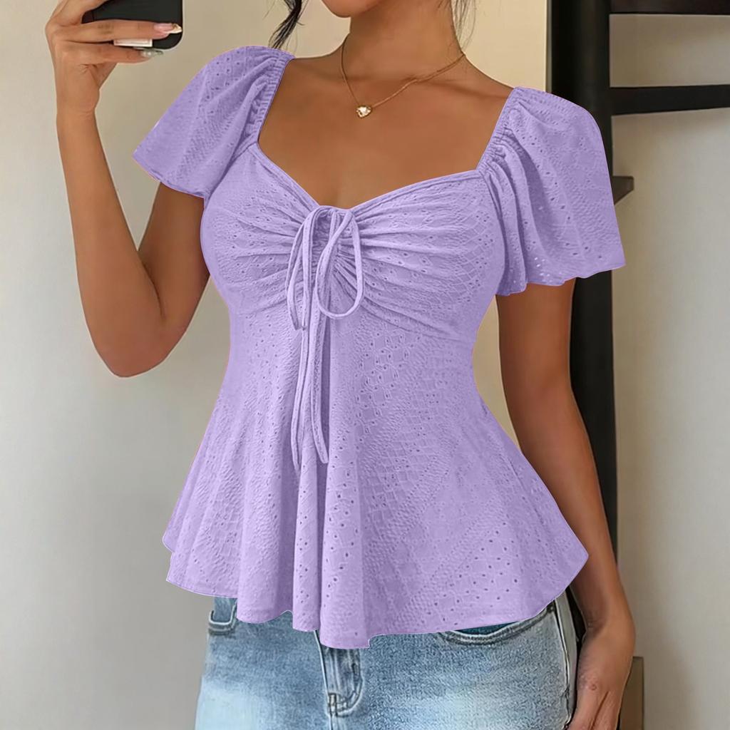 Damska Koszulka Top z Dekoltem V, Sznurkiem do Wiązania, Seksowna, Krótki Rękaw