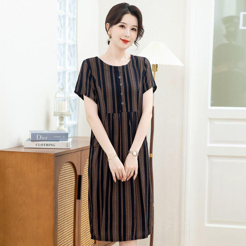 Summer Cotton Silk Dress for Middle-Aged & Elderly Women - Plus Size, Mid-Length, Short Sleeve, Loose Fit for 50s & 60s Mothers