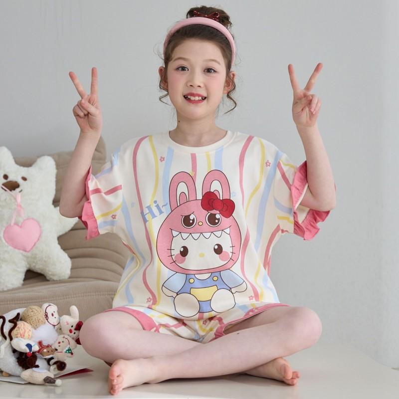 Girls Cotton Cartoon Pajama Set Short Sleeve Shorts Sleepwear Kids 8 Years