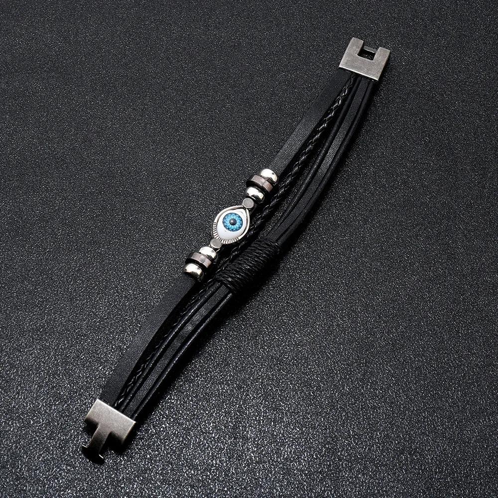 Pulseira Retrô Masculina Olho Grego Fecho Largo Tecida à Mão Pulseiras de Couro Multicamadas Bangles Joias de Luxo Presente