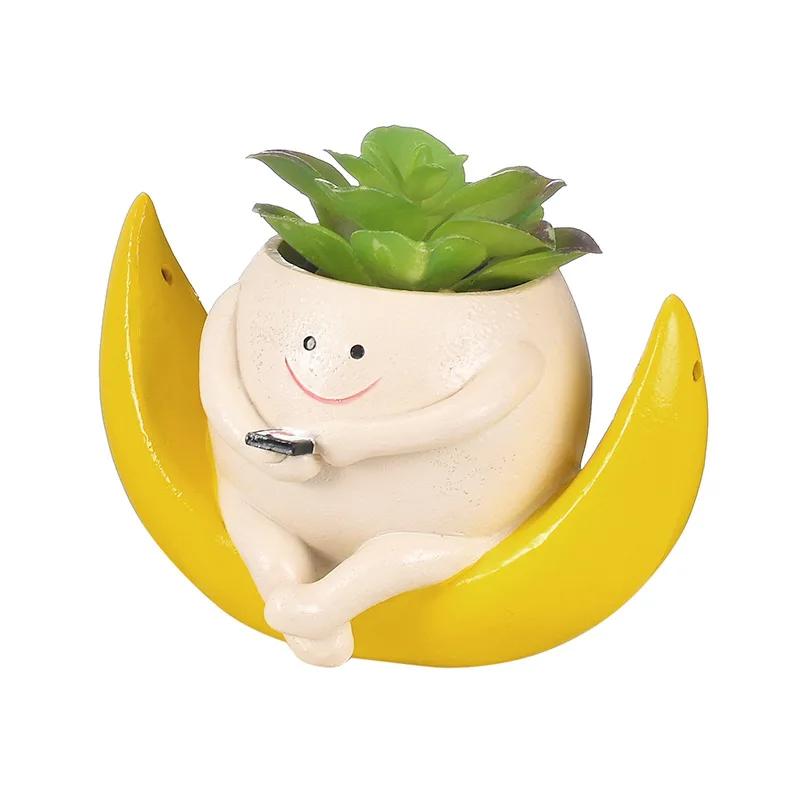 Cute Crescent Succulent Flower Pot Garden Courtyard, Micro Landscape Hanging Pieces Small Potted Plants Resin Crafts