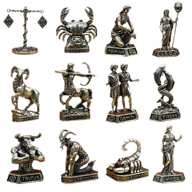 12 Zodiac Vintage Metal Collectible Figurines Intricate Handmade Sculptures for Entryway Console Decor Display