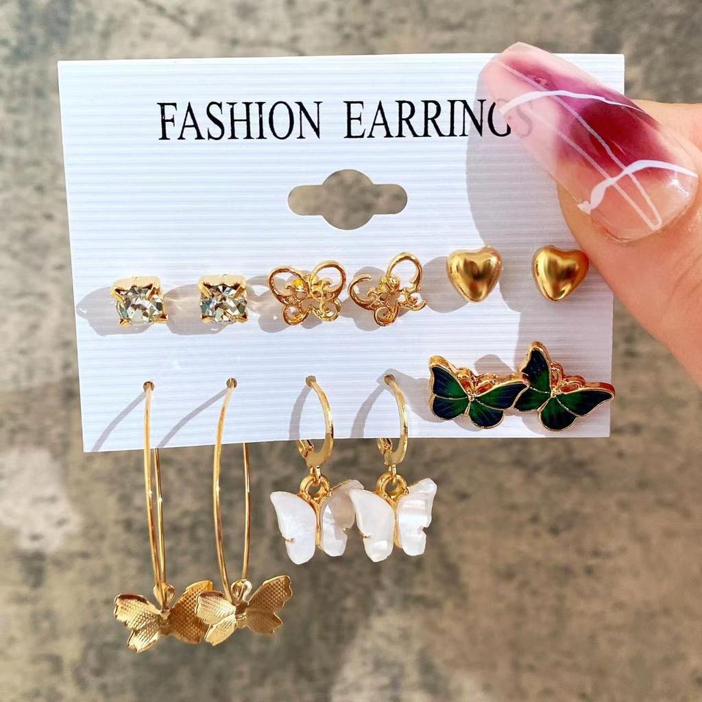 Hot-selling Retro Exaggerated Women's Peach Heart Stud Earrings Twist Twisted Pearl Earrings 11-piece Set of Earrings