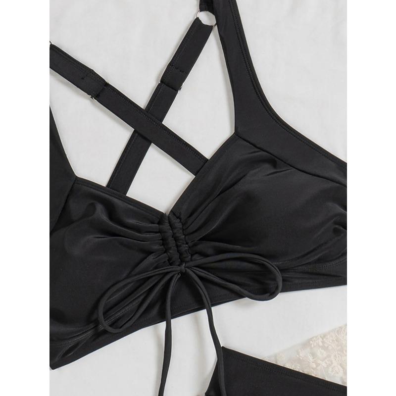 Vintage Black Two Piece Bikini Set 2026 Women Pleate Drawstring Push Up High Waist Skirt Swimwear Beach Bathing Suit Swimsuit